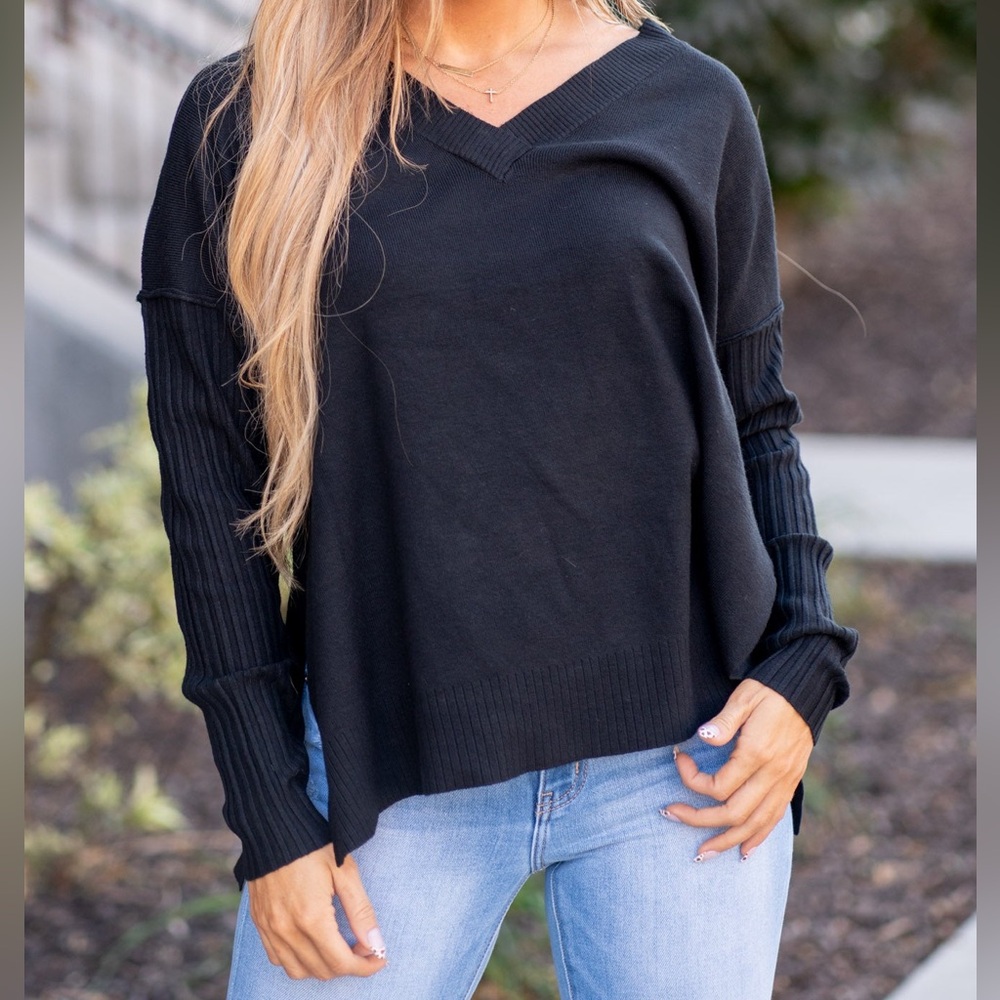 Zenana V-Neck Side Slit High-Low Sweater